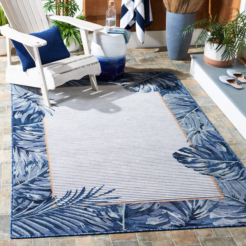 SAFAVIEH Cabana Raluca Indoor/ Outdoor Tropical Border Rug - 9' x 12' - Ivory/Navy