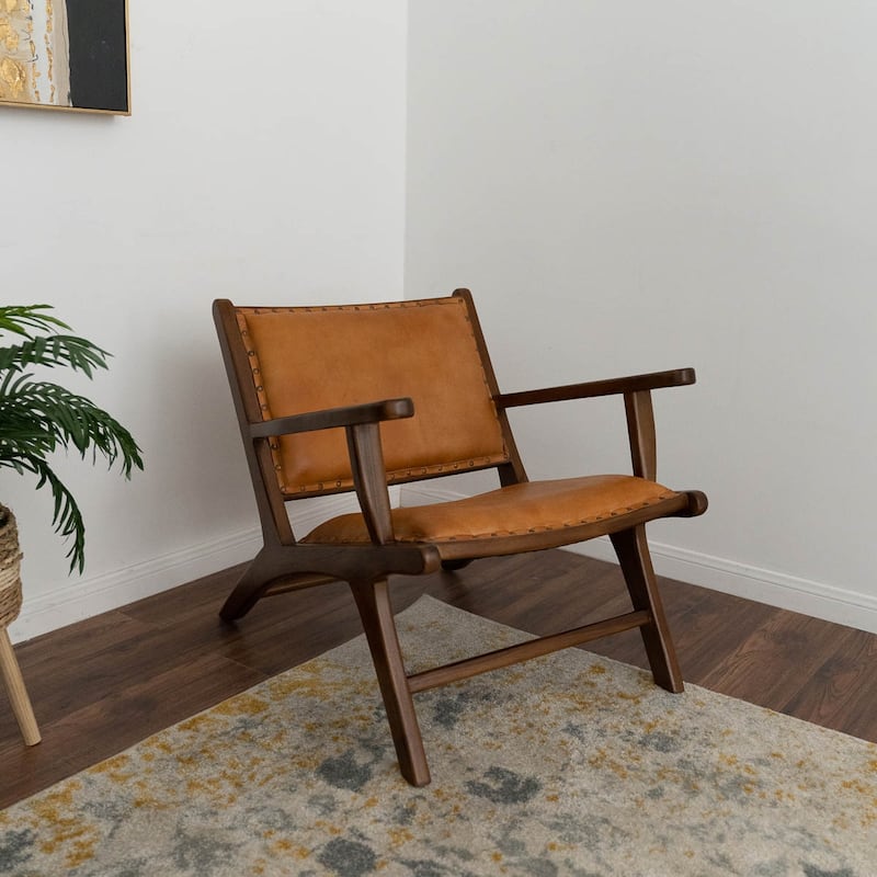 Marino Mid-Century Modern Genuine Leather Lounge Chair in Tan - Tan