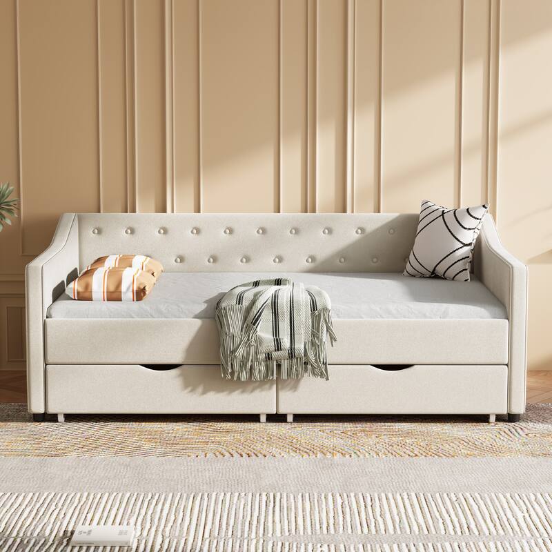 Linen Upholstered Daybed with 2 Drawers, Wooden Platform Sofa Bed Frame with Button Tufted Backrest, No Box Spring Needed - Beige - Twin