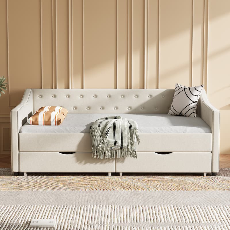 Twin Size Daybed With Drawers Upholstered Tufted Sofa Bed, With Button On Back And Piping On Waved Shape Arms