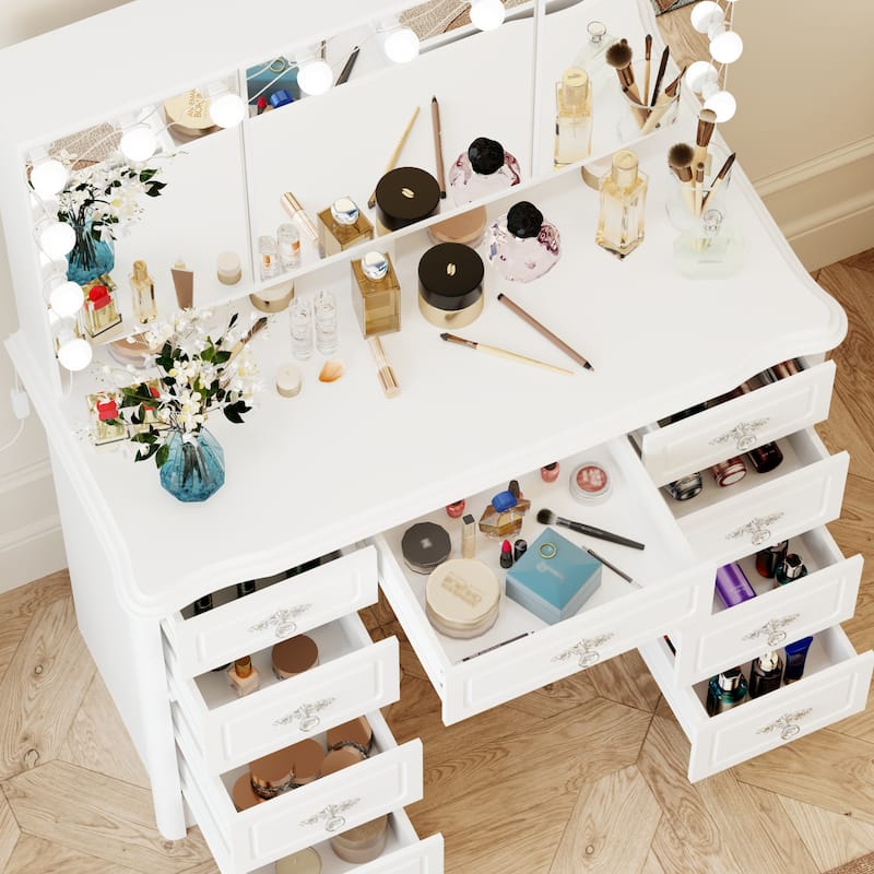 40.2"W Elegant Makeup Vanity Tri-Fold Mirror Lighting Dressing Table