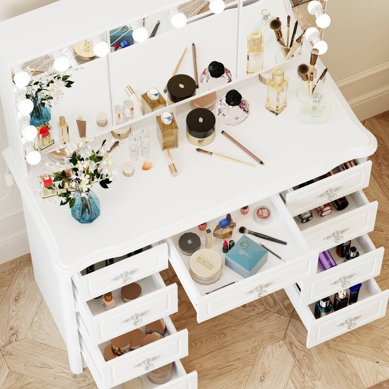 Makeup Vanity Desk with Lights and Mirror, White Vanity Table with 9 Drawers, Hollywood Lighted Vanity Desk Dressing Table