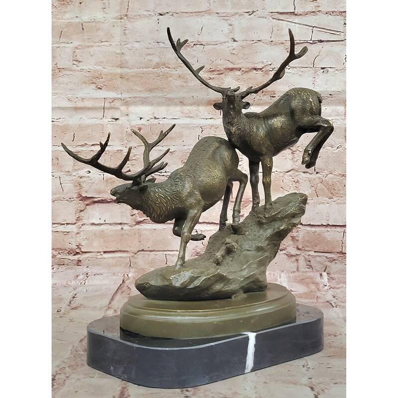 Leaping And Standing Stags Bronze Sculpture - Majestic Deer Wildlife Art