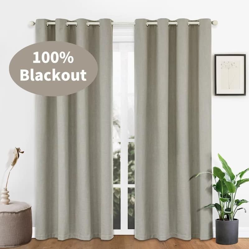100% Blackout Linen Blend Texture Grommet Window Curtain Pair(2 panels) - 52"Wx108"L - 108 Inches - Grey