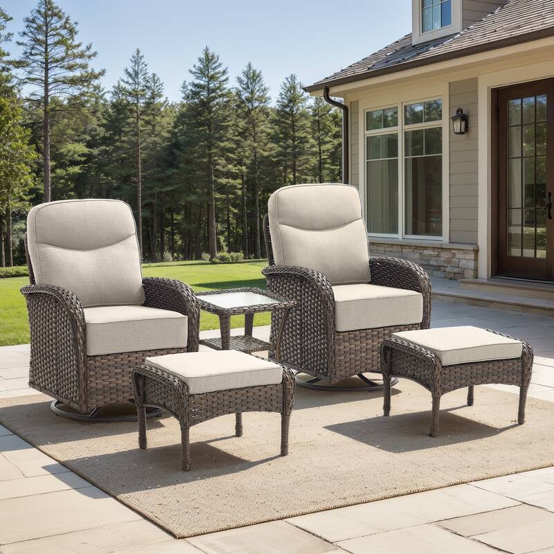 Pocassy Outdoor Wicker Patio Sofa with Swivel Chair Ottoman Sets - Brown Wicker Beige Cushion - 5-Piece Swivel Chair with Ottoman