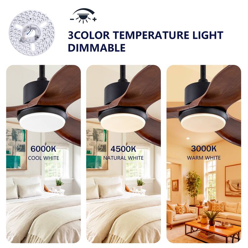 52" Wood Ceiling Fan w/ Lights Remote Control, Quiet DC Motor 3 Blade Ceiling Fans