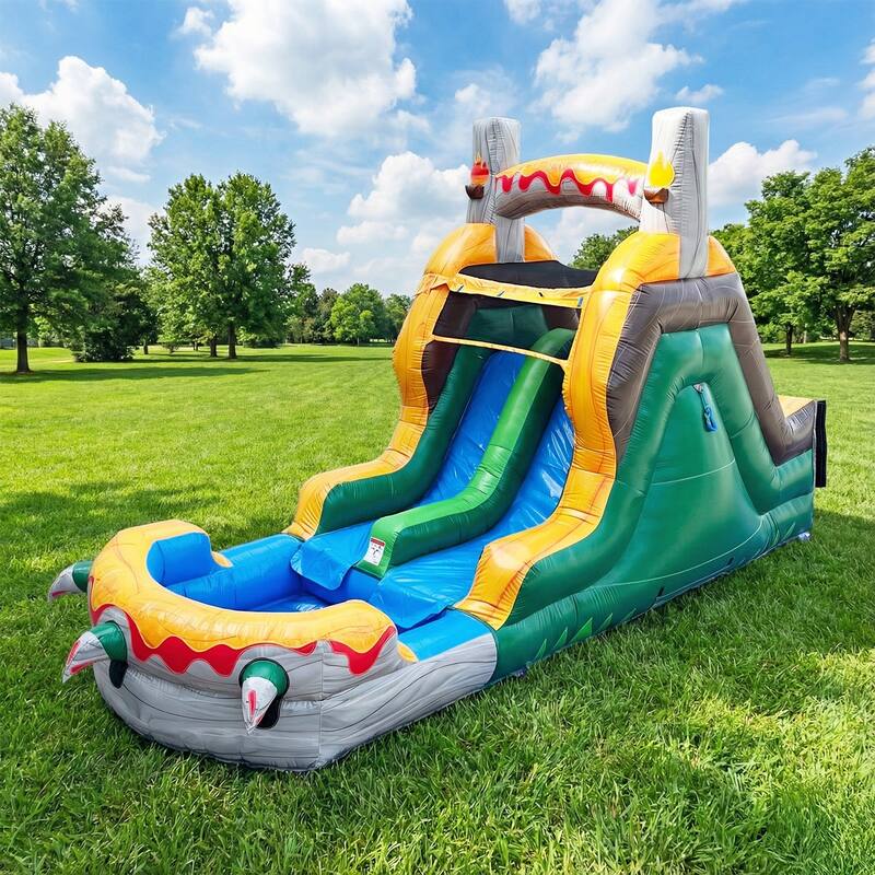 HeroKiddo T-Rex Adventure 12' Tall Dual Lane Inflatable Water Slide with Pool, Commercial PVC, Kids and Adults, Blower Included