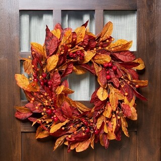 Berries with Leaves Artificial Fall Harvest Twig Wreath, 24", Unlit ...