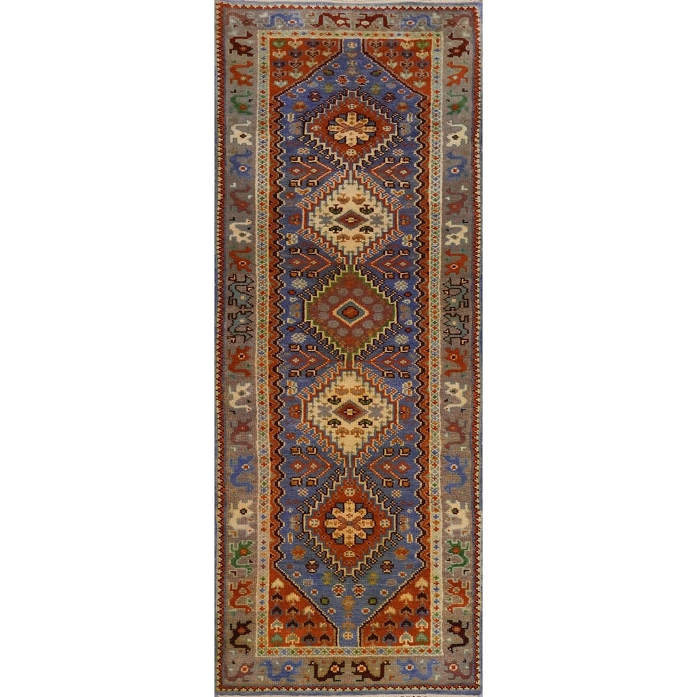 Hand-knotted Traditional Wool Blue Geometric Area Rug Oriental Carpet - 8' 1'' X 2' 7''