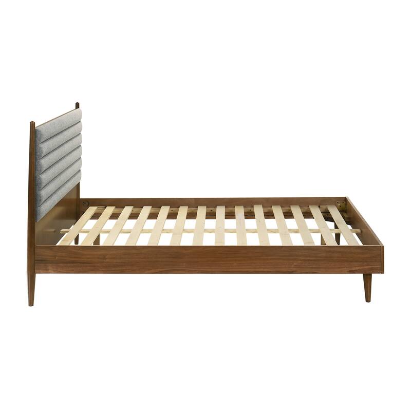 Artemio Black or Walnut Wood Queen Platform Bed Frame with Grey Upholstered Headboard