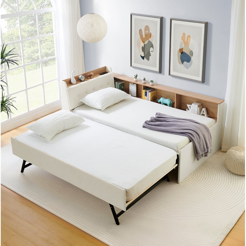 Twin Size Daybed Upholstered Frame with Storage Headboard and Wireless Charging LED Lights Velvet Beige Trundle or 2 Drawers
