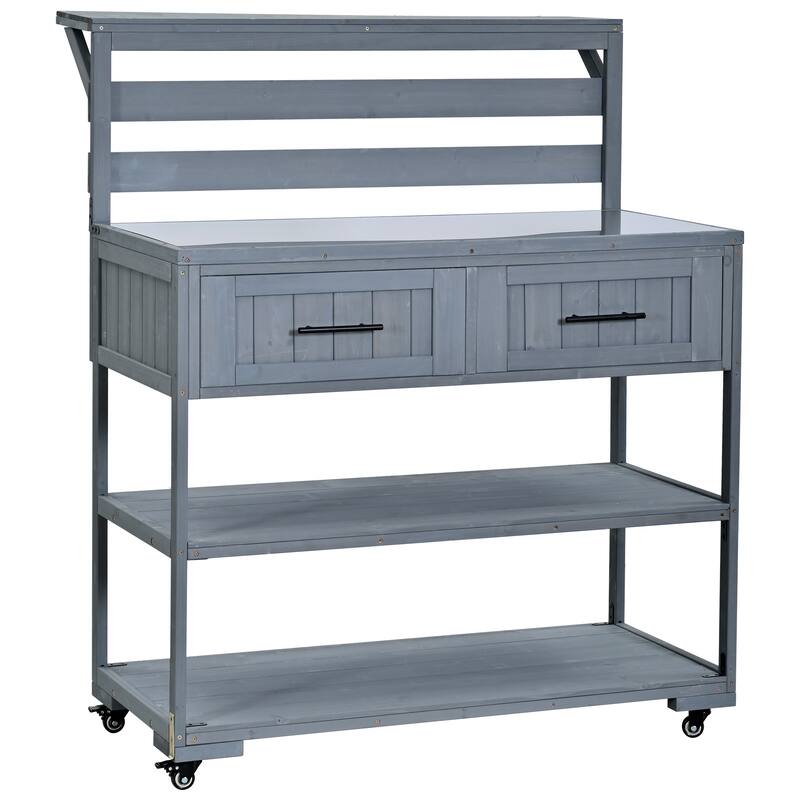Solid Wood 62.3'' Patio Kitchen Island Kitchen Cart with Stainless Table Top, Garden Potting Bench with Raised Shelf and Drawers