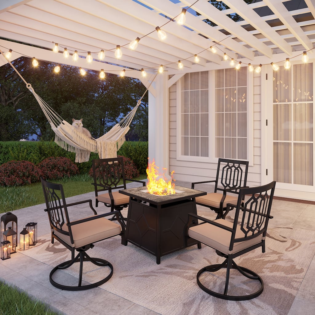 MAISON ARTS 5-Piece Patio Dining Set Gas Fire Pit Table & 4 Steel Swivel Chairs Set