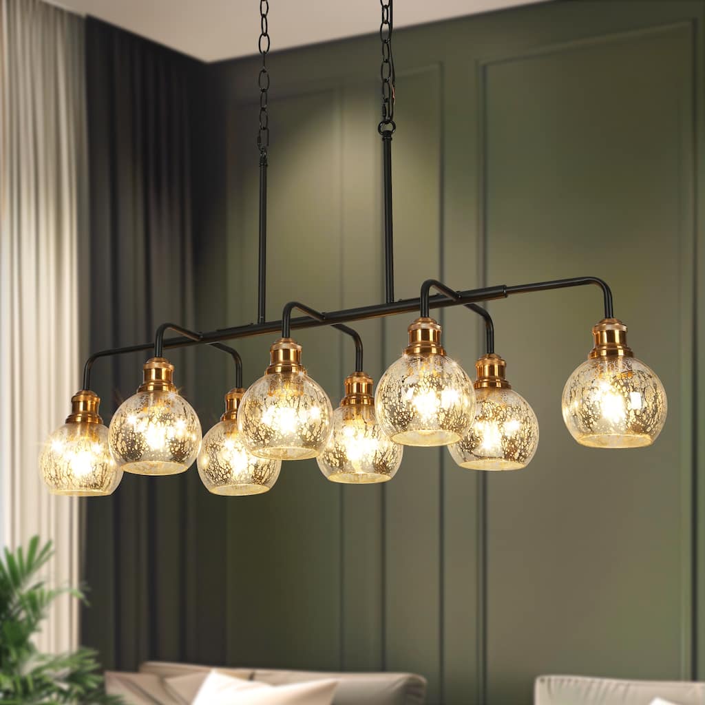 Vespa Modern Glam 8-Light Brass Linear Transitional Island Chandelier with Art Mercury Glass fo Dining Room