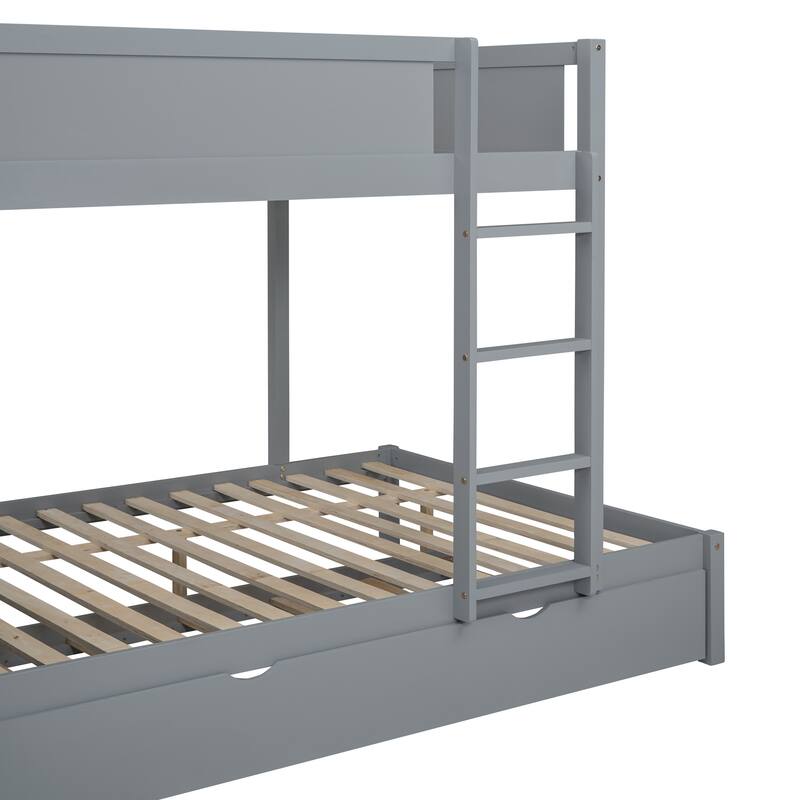Full-Over-Full Bunk Bed with Twin Trundle, Storage, Desk, and USB Ports, Gray