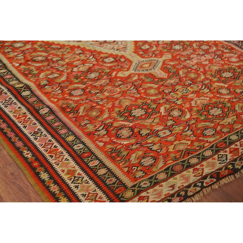 Vegetable Dye Kilim Senneh Antique Persian Rug Hand-Woven Wool Carpet - 4'2" x 6'10"