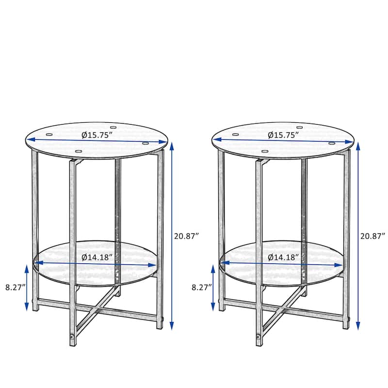 2-piece set,Tempered Glass End Table, Round Coffee Table for Bedroom Living Room Office