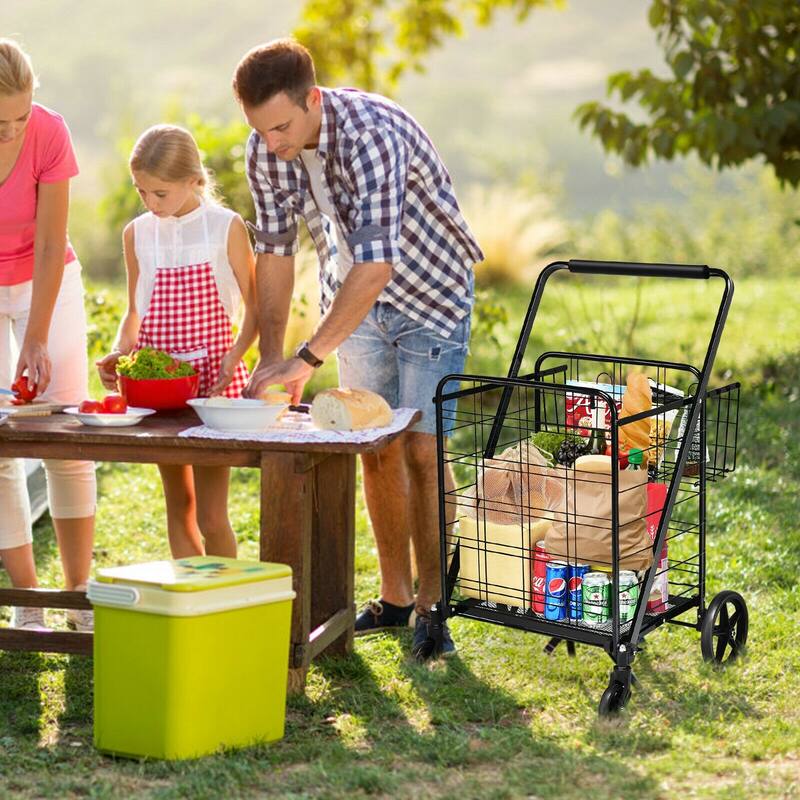 Multi-Purpose Foldable Grocery Cart with 360 Degree Front Wheels and Large Basket and Back Storage - 25" x 25" x 40"(L x W x H)