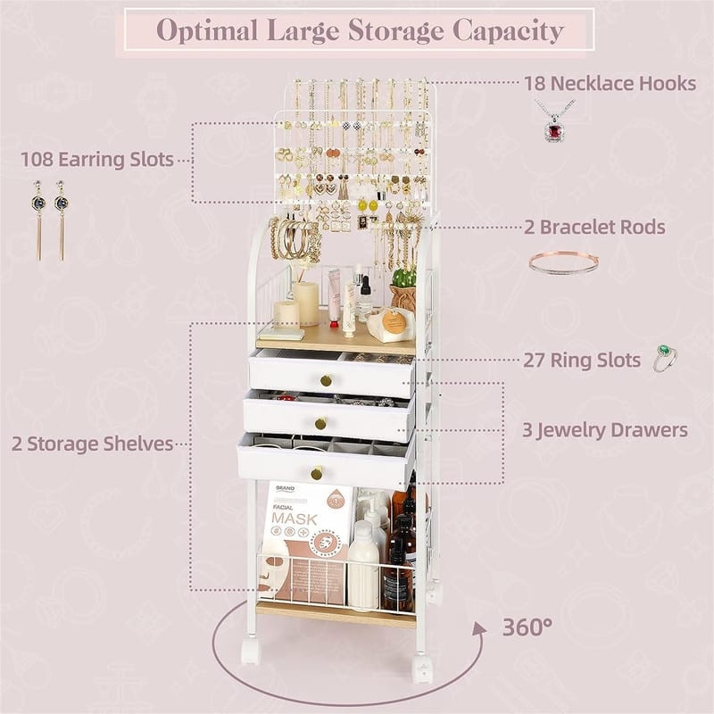 Large Jewelry Stand with 3 Jewelry Box Drawer - 11.02"D x 13.07"W x 38.98"H