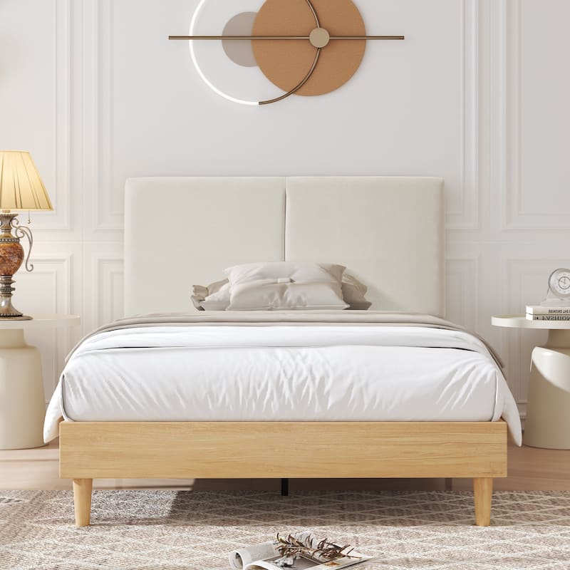 VECELO Upholstered Platform Bed Frame with Adjustable Headboard, Solid Wood Slats, No Box Spring Needed, Twin/Full/Queen Size