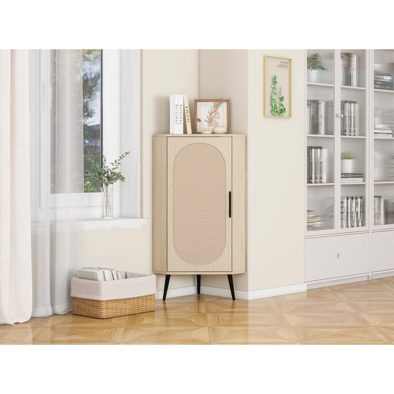 Freestanding Corner Cabinet with Rattan Door - Natural