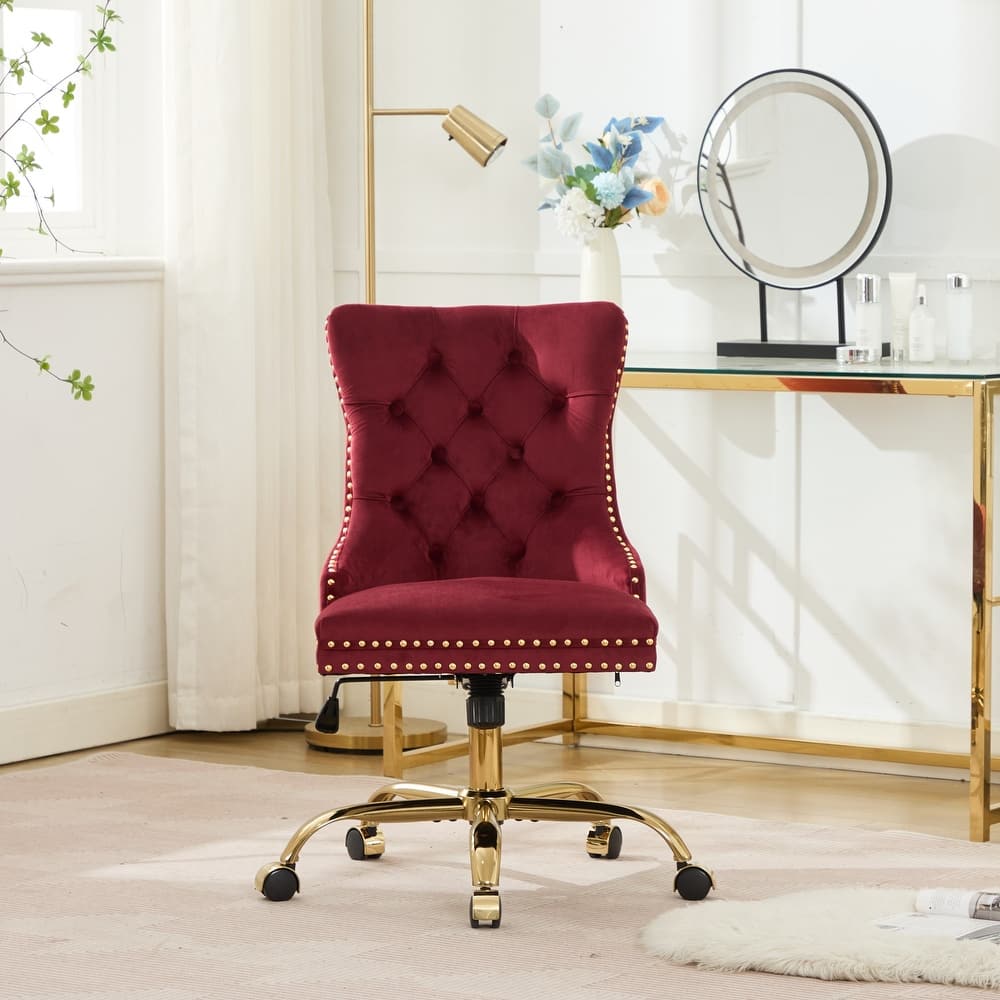 Roomfitters Velvet Tufted Office Chair, Adjustable Swivel Desk Chair with Gold Metal Base and Nailhead Trim