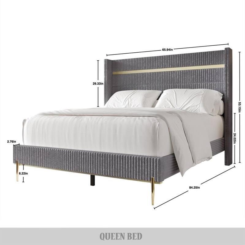 CraftPorch Luxurious Gold PU Strip Wingback Velvet Upholstered Bed
