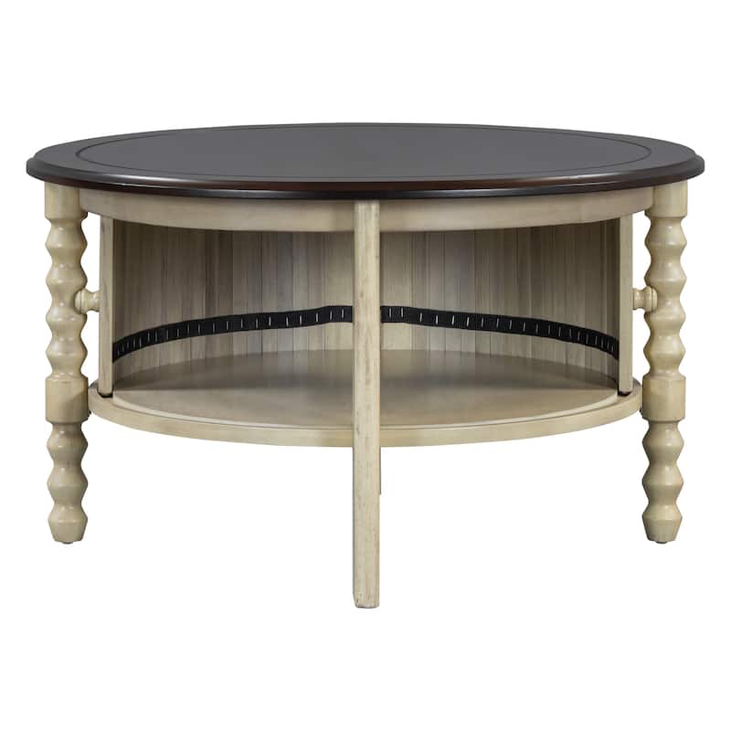 Vintage Round Coffee Table with Sliding Door Storage & Slatted Design
