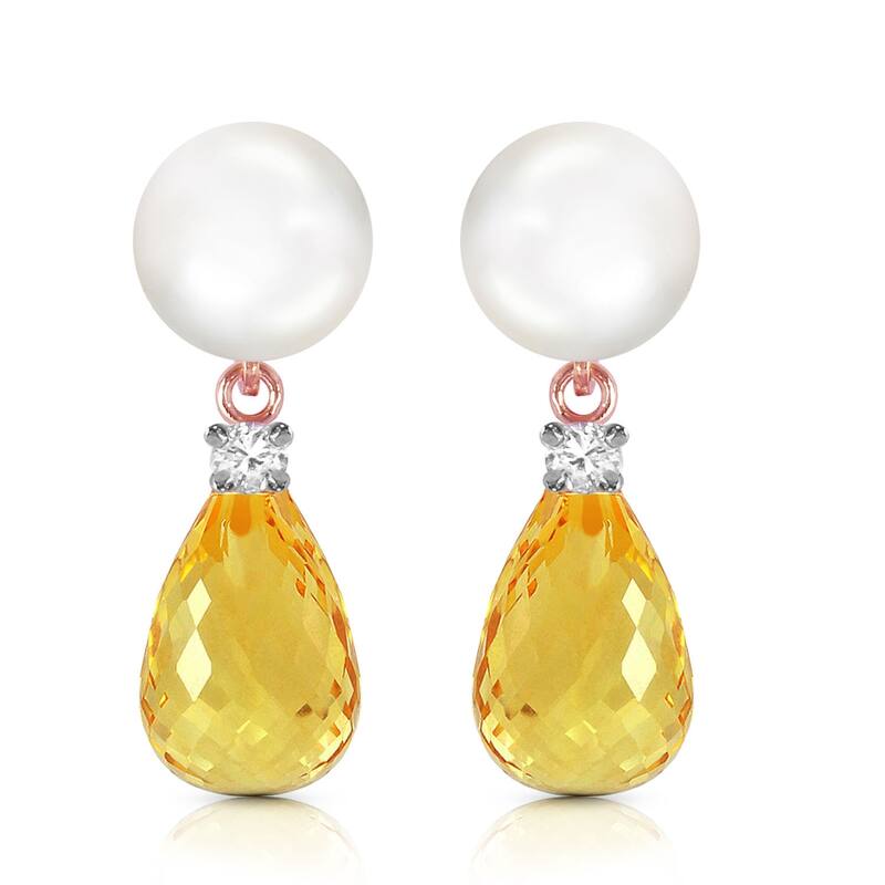 14K Solid Gold Stud Gemstone Earrings with Diamonds, Citrine & Pearl
