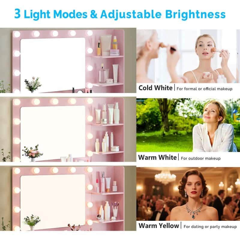 Particle Board Veneered with Textured Melamine, 5-drawer 2-Shelf, comes with 11 Three-color Dimmable Bulbs, Dressing Table Set