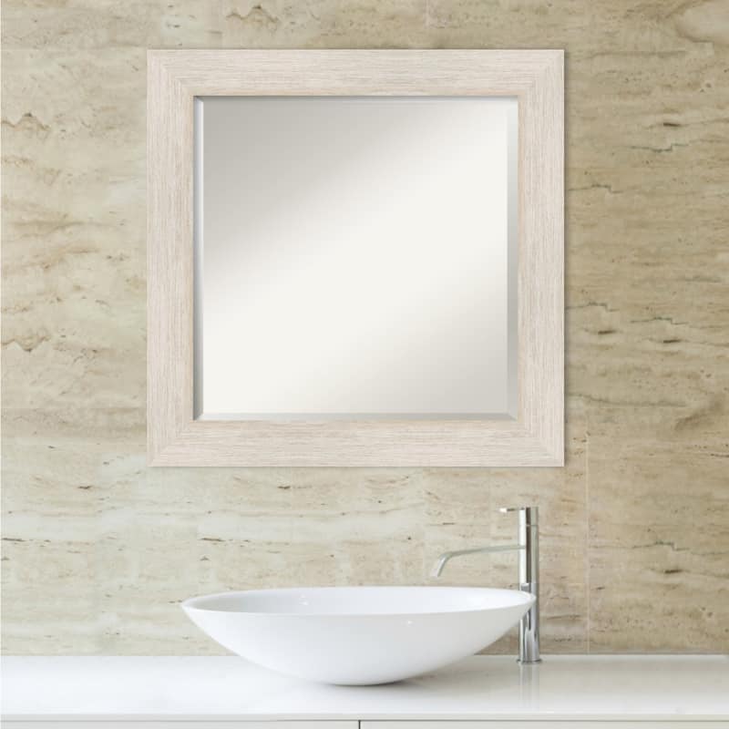 Beveled Wood Bathroom Wall Mirror - Hardwood Whitewash Frame - Hardwood White Wash