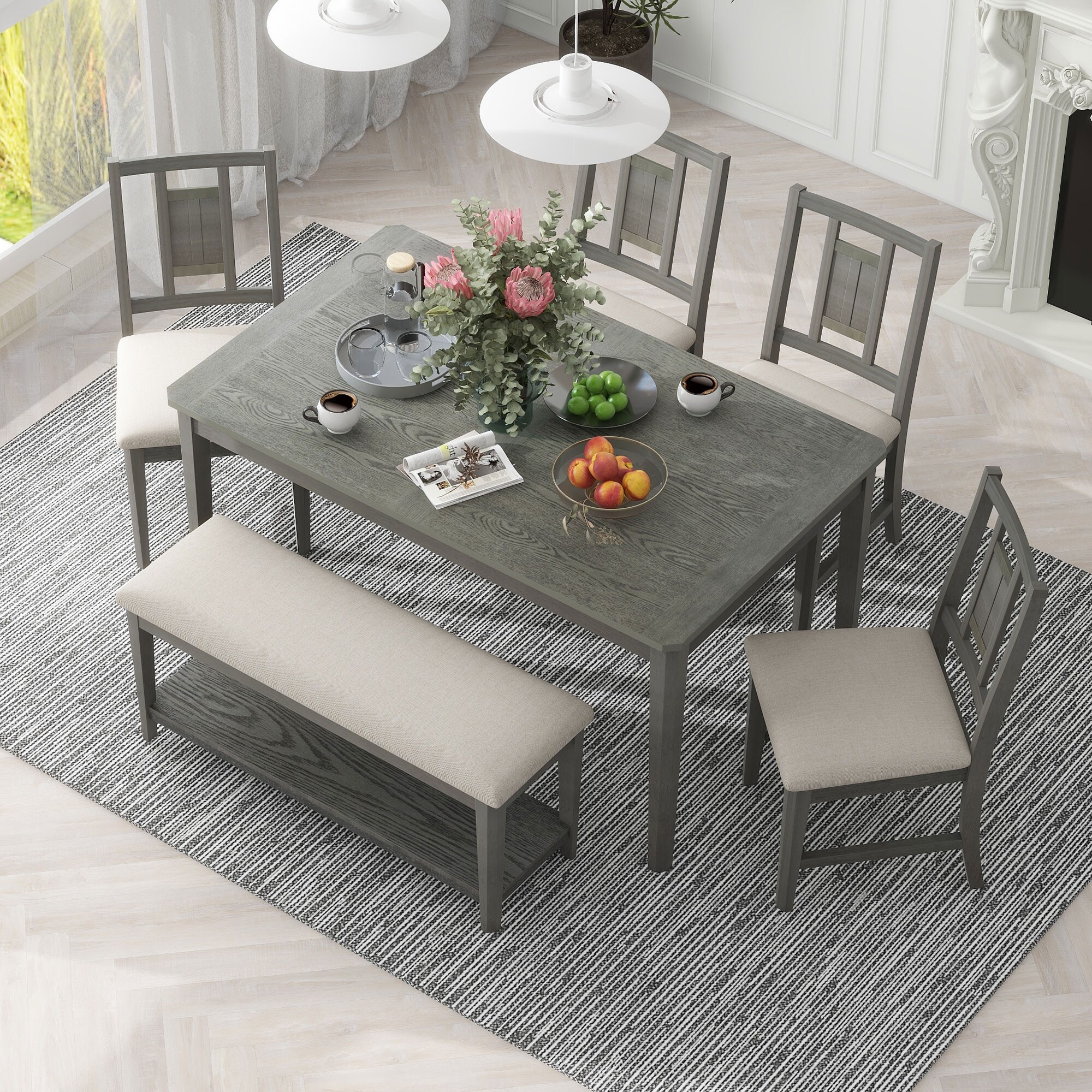 Grey bench table and chairs sales