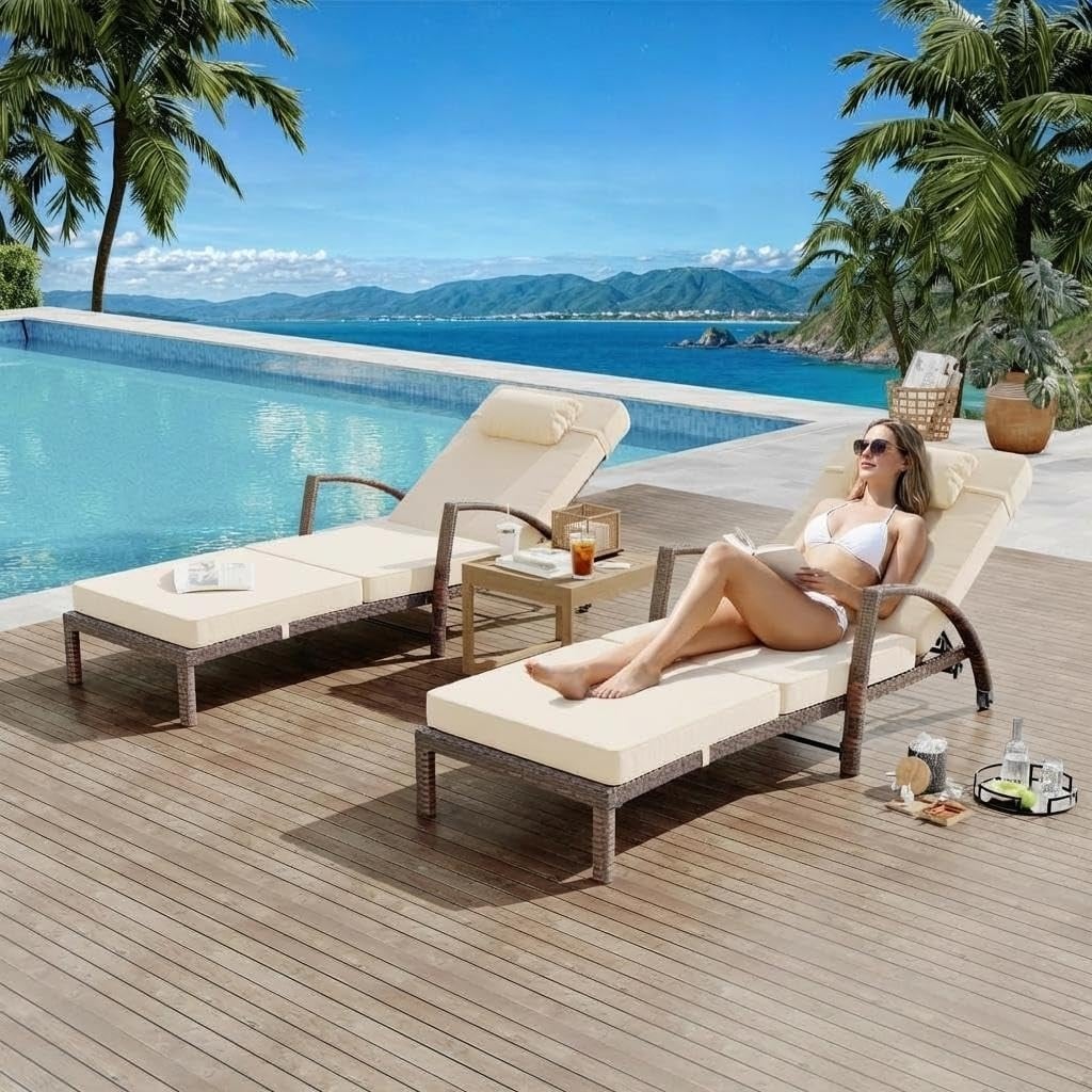 Set of 2 Outdoor Rattan Chaise Lounges, 5-Position Reclining Patio Chairs with Cushions, Poolside