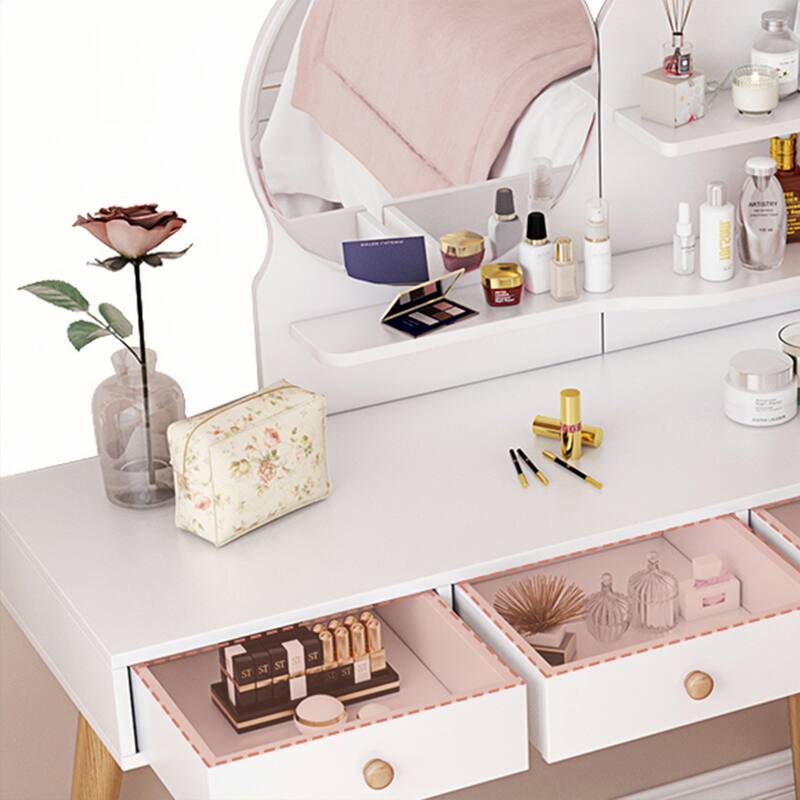 Makeup Vanity Desk with Mirror and Lights, Cute Vanity Makeup Table, 3 Drawers , 3 Lighting Modes
