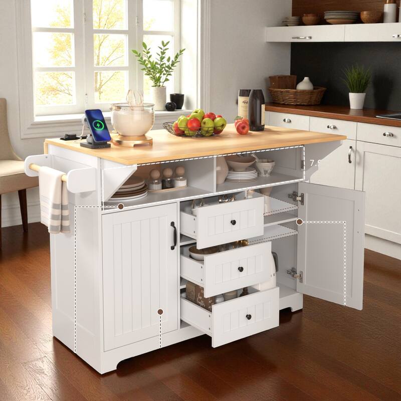 55.7" Large Kitchen Island with Dual Drop Leaf, Power Outlet, Rolling Kitchen Cart with Drawers & Storage Cabinet