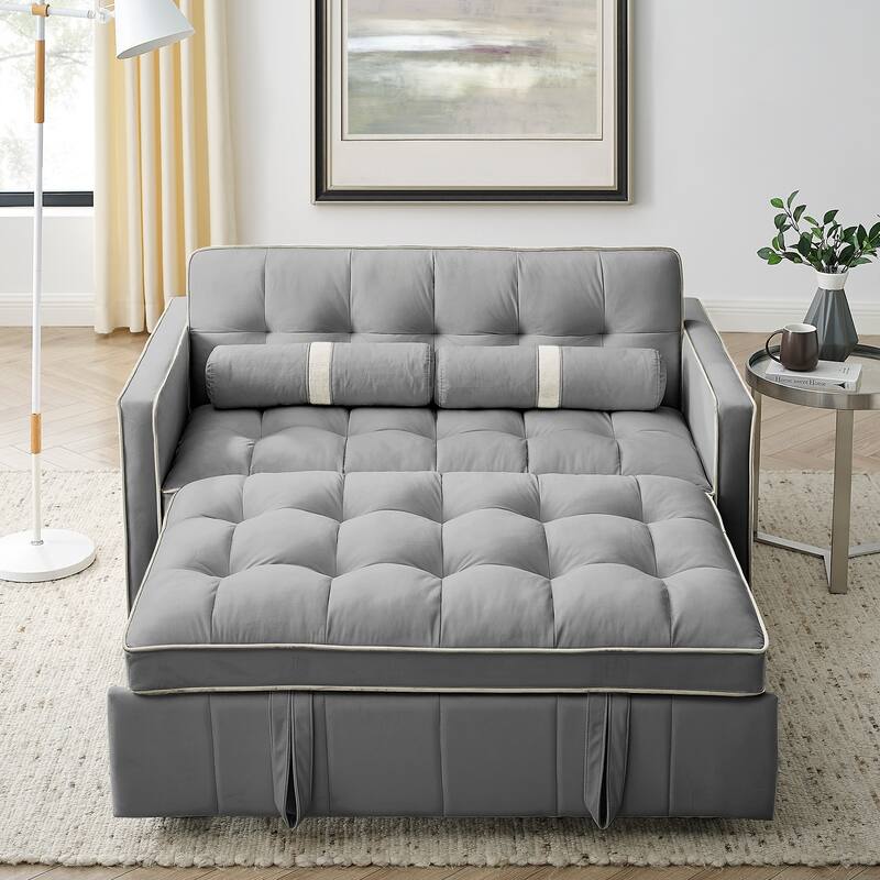Velvet Sofa Bed with Adjustable Back and Storage Pockets, Multifunctional Sleeper Sofa