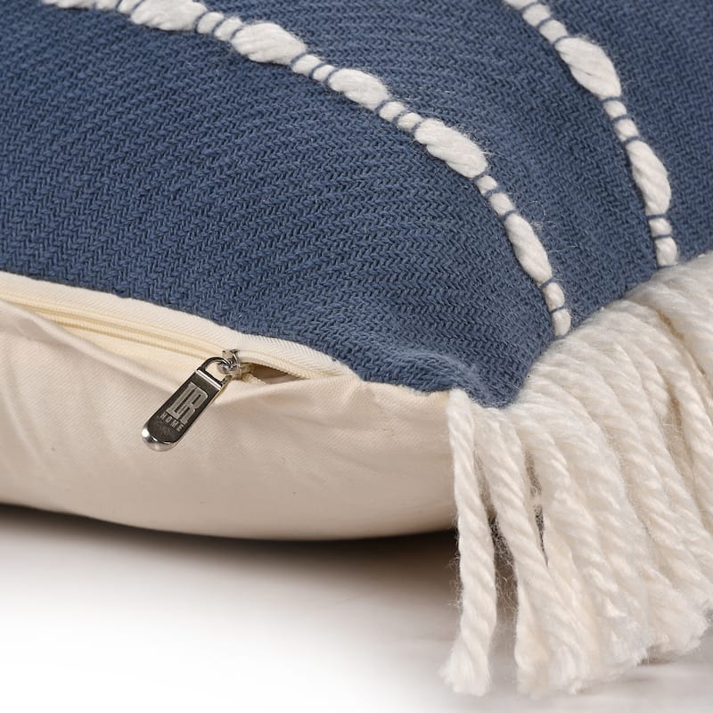 Striped Square Throw Pillow with Fringes - 20" - Navy and White