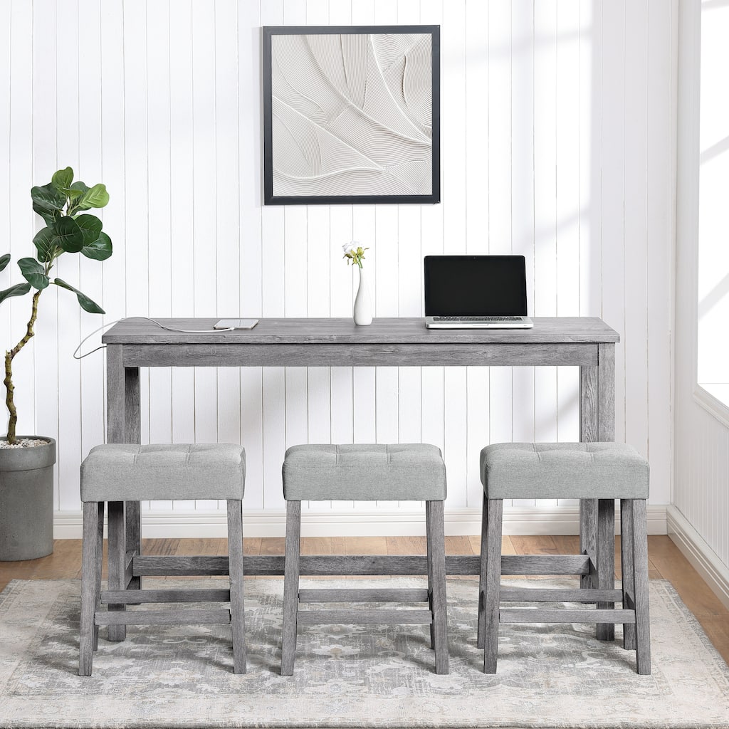 4 Piece Dining Table Set with 3 Upholstered Seat, Grey Bar Table Set with Power Outlet, 3 Ergonomic Backless Stools