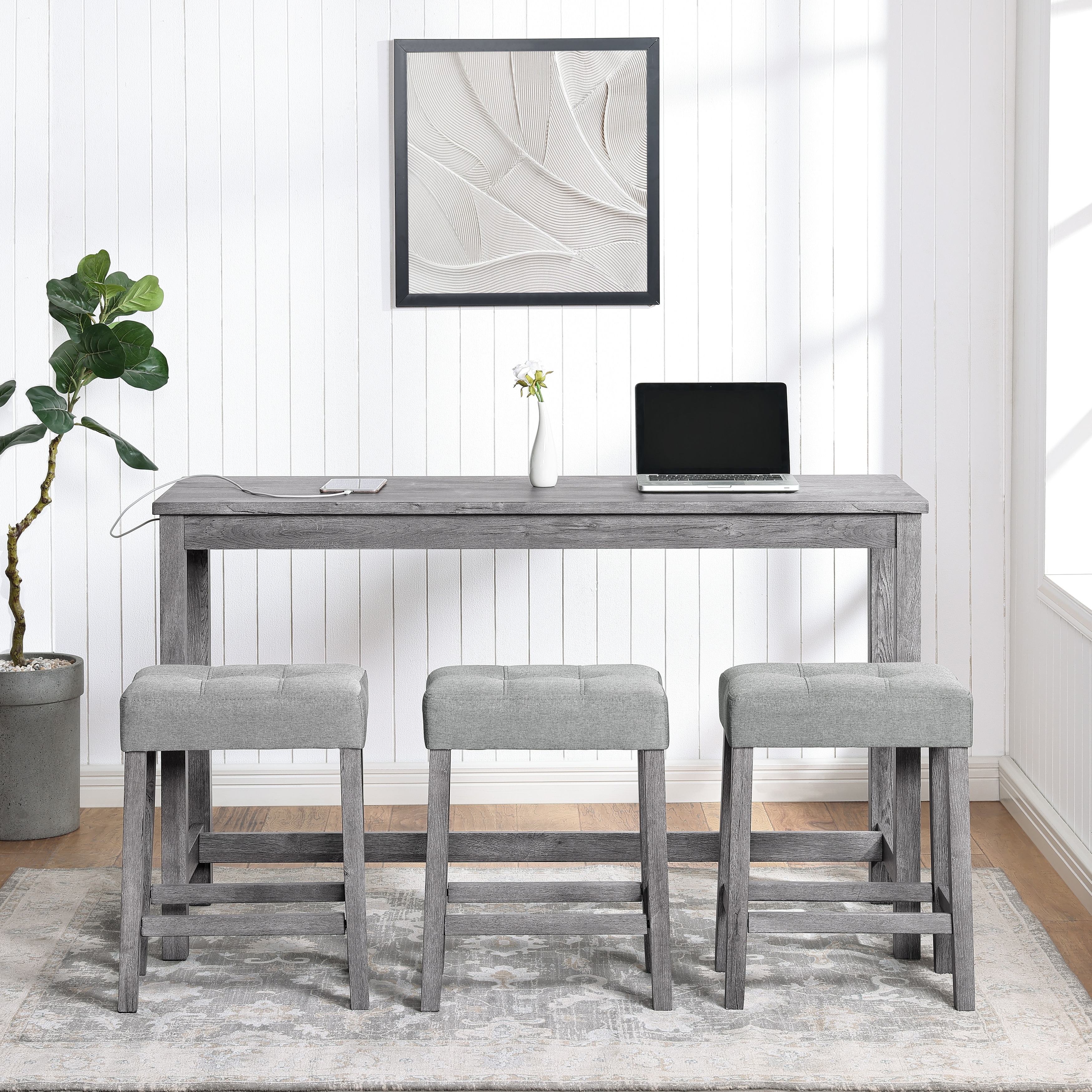 4 Piece Dining Table Set with 3 Upholstered Seat, Grey Bar Table Set with Power Outlet, 3 Ergonomic Backless Stools
