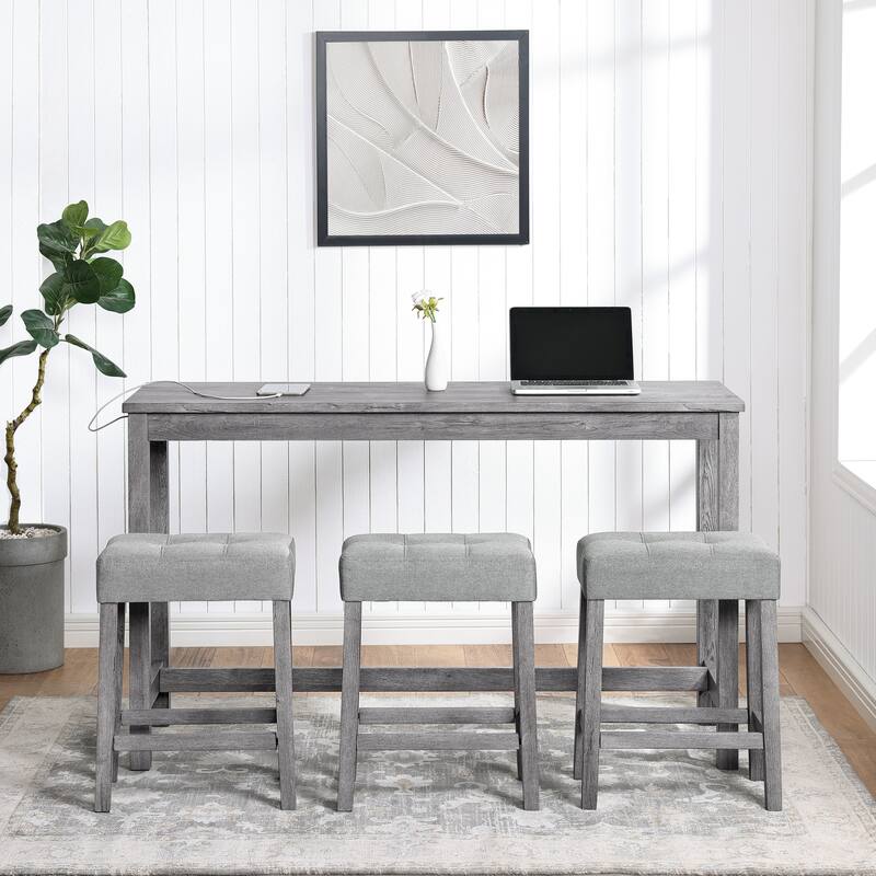 4 Piece Dining Table Set with 3 Upholstered Seat, Grey Bar Table Set with Power Outlet, 3 Ergonomic Backless Stools - Gray
