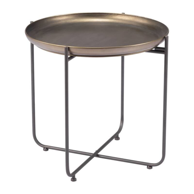Compact 21-inch Round Steel End Table with Stylish Bronze Top and Grey Cross Frame Base - 21.3”H x 23”W x 23”L