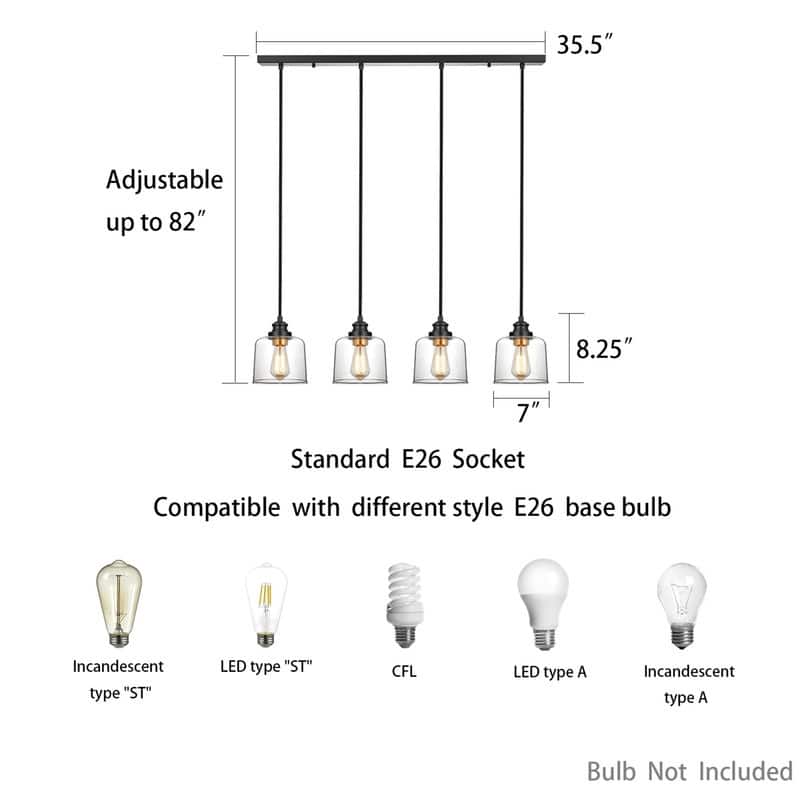 KAWOTI 4-Light Kitchen Island Linear Pendant Light with Glass Shade
