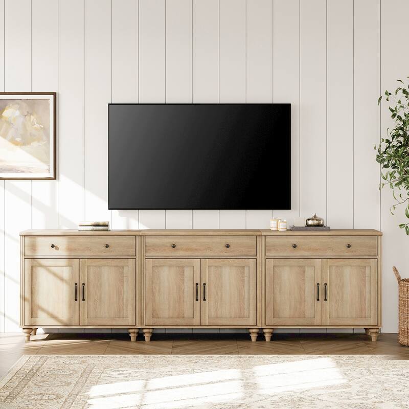 Farmhouse TV Stand for 75 inch TV, TV Console with Storage - 101inch - Oak