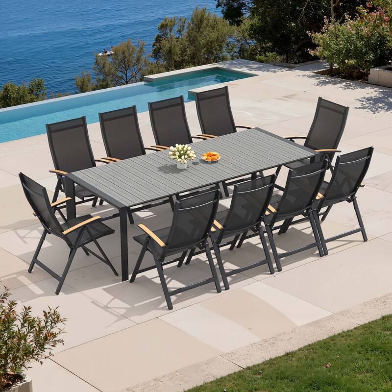 7/9/11-Piece Outdoor Patio Dining Set Aluminum Rectangular Dining Table and Adjustable Folding Chairs - Grey - Set of 11