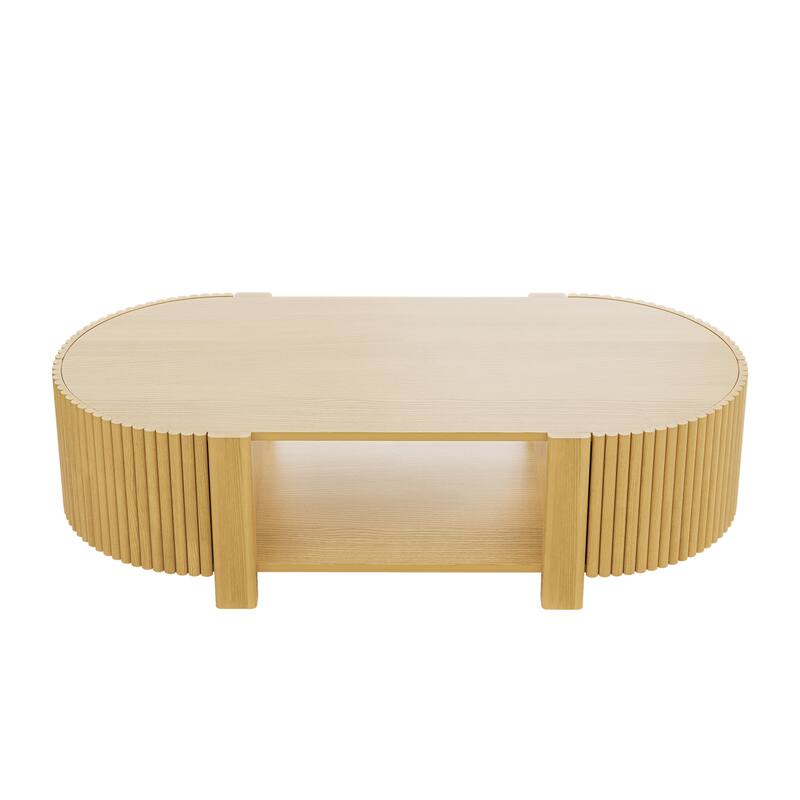 47" Oval Fluted Coffee Table with 2 Doors, Open Shelf & Wood Finish