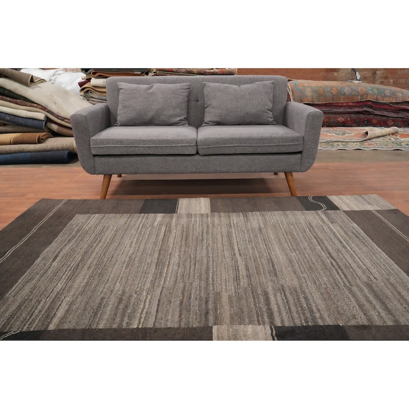 Hand Knotted Oriental 100% Wool Carpet Modern Geometric Greys & Charcoal Gabbeh Area Rug - 7' 9'' X 5' 8''
