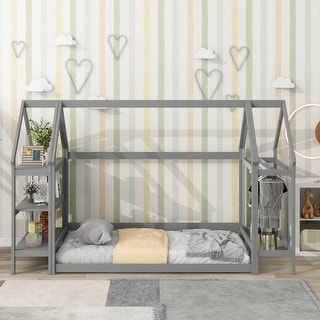 Twin House-Shaped Floor Bed with 2 Detachable Stands - Bed Bath ...