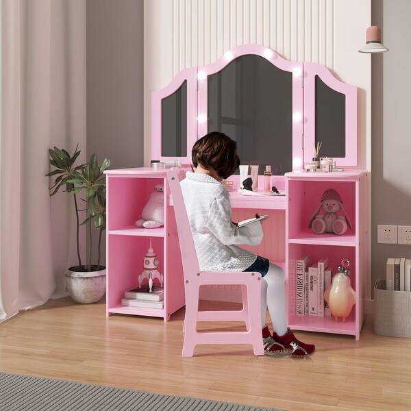 Kids Vanity Table Princess Dressing Table with Touch Light Detachable Tri Folding Mirror Open Storage Shelves Bed Bath Beyond 40690092