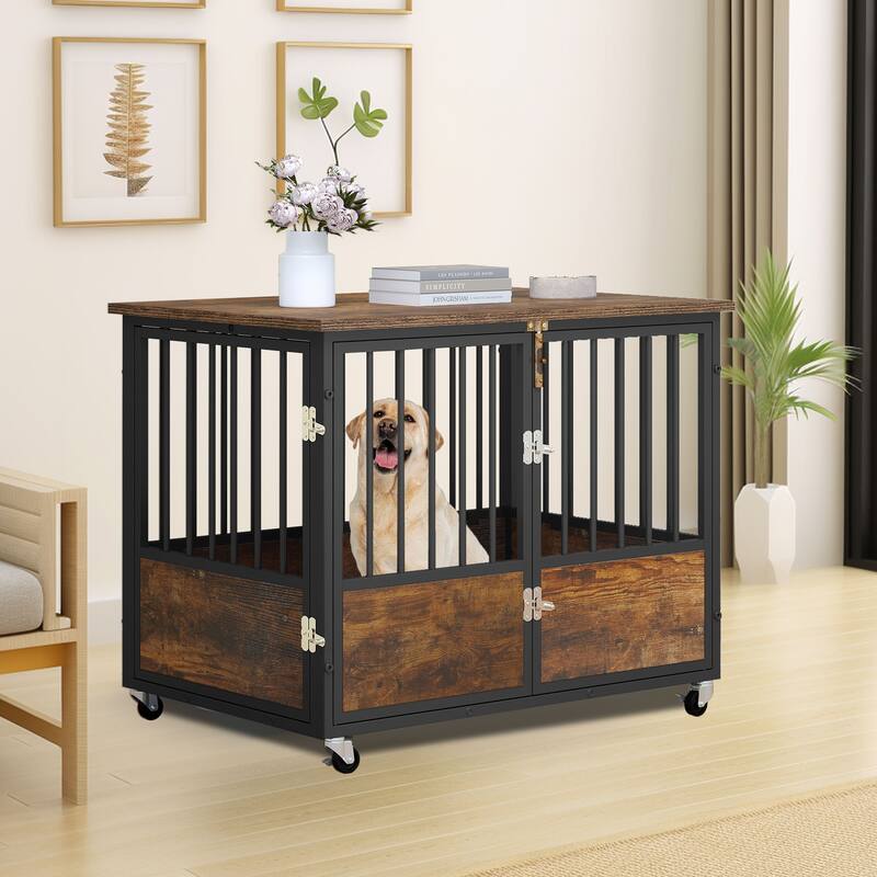 38"/43" Dog Crate Furniture Cage Table with Wheels And Double Doors - 38" - Brown