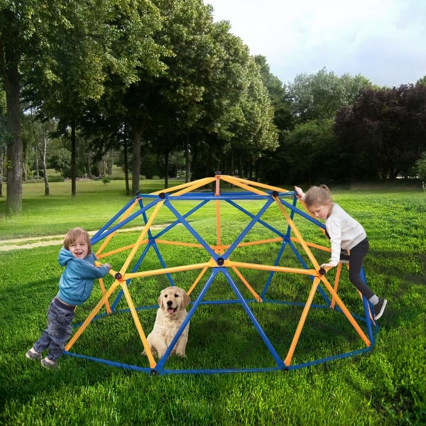 slide 2 of 9, Blue and Yellow Outdoor Dome Climber, Monkey Bars Climbing Tower for Kids Aged 3-10